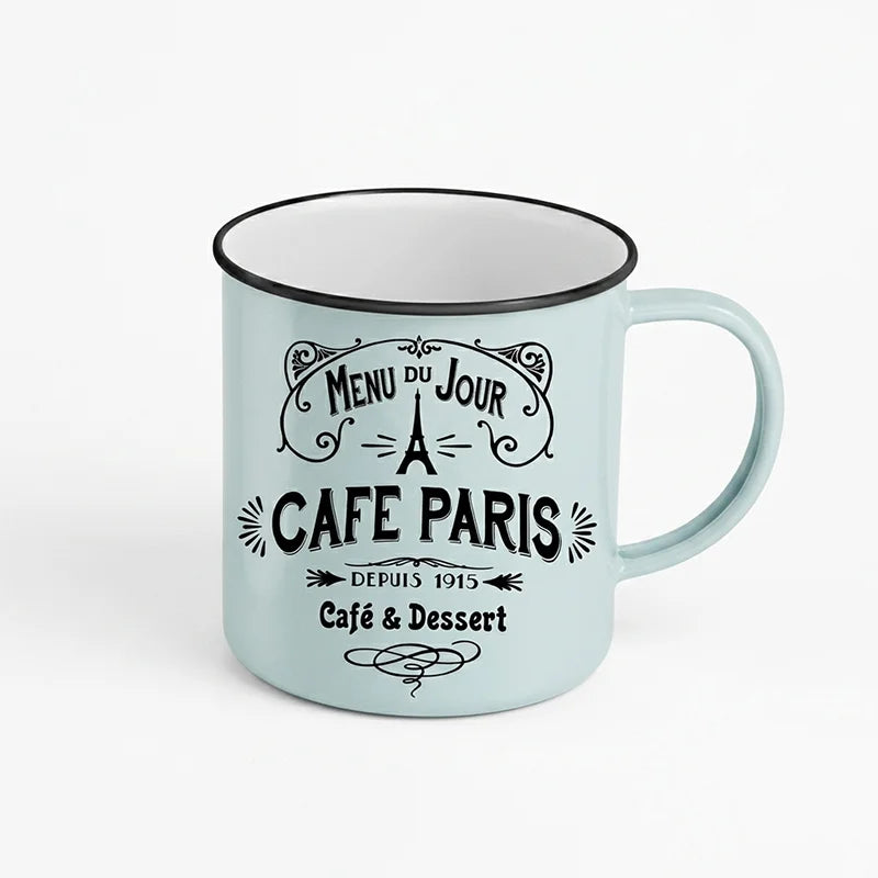 Vintage French Bistro Menu Du Jour Ceramic Enamel Style Mug
