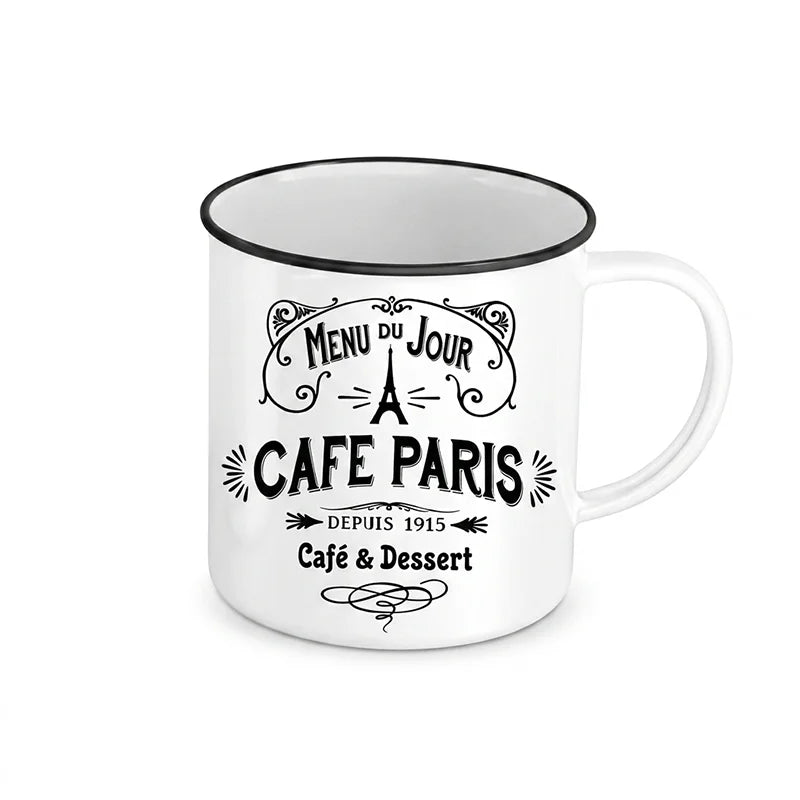 Vintage French Bistro Menu Du Jour Ceramic Enamel Style Mug